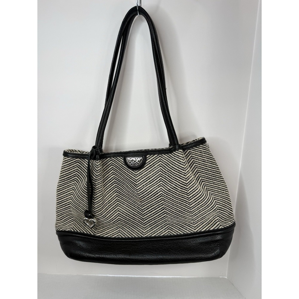 Brighton Cala Tote Black & White Fabric with Leather Bottom and Handles GUC